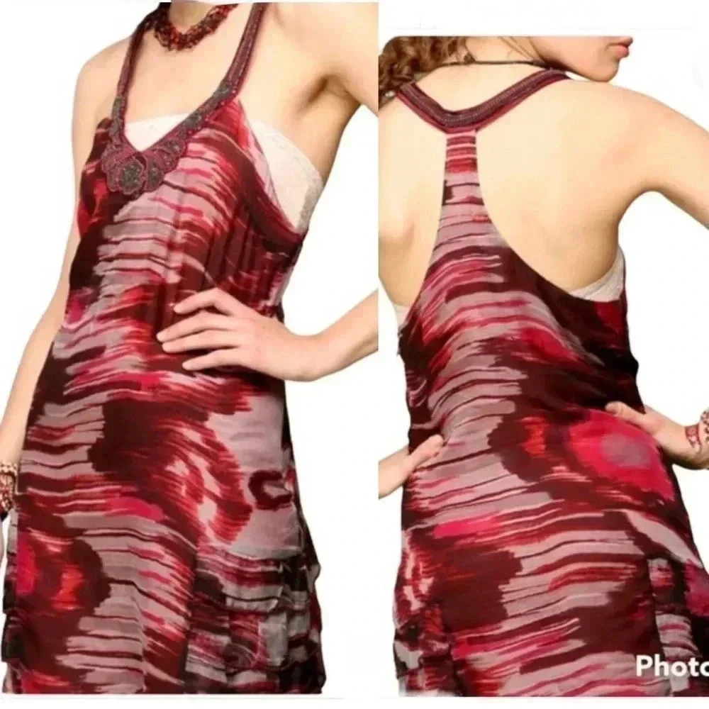 FREE PEOPLE RED OAXACA WATER COLOR SILK BEADED V NECK DRESS Sz 4